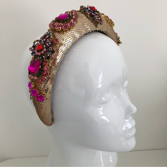 Handmade Hairband Headband Gold Pink Multicoloured Rhinestone Wedding Occasion - Picture 2 of 16
